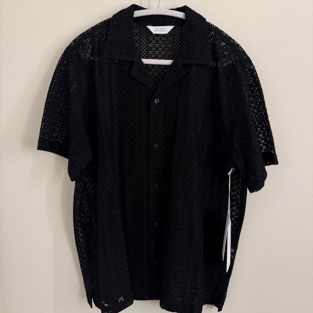 NWT men’s black SATURDAYS NYC woven button-down short-sleeve [M]